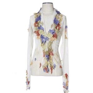 💥WOW! MANDALAY Fairy Sheer Appliqué Ruffled Collar Blouse Top Embellished Y2k